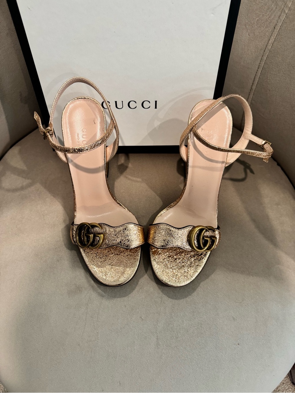 Gucci Rose Gold Glitter Strappy Heeled Sandals